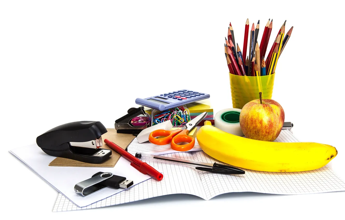 Фото обои бумага, яблоко, карандаши, белый фон, ручки, фрукты, банан, тетрадь