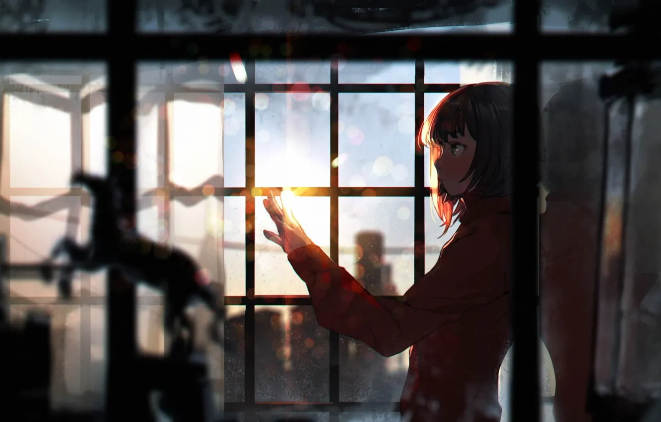 Фото обои девушка, аниме, фигура, окно, жест, луч света