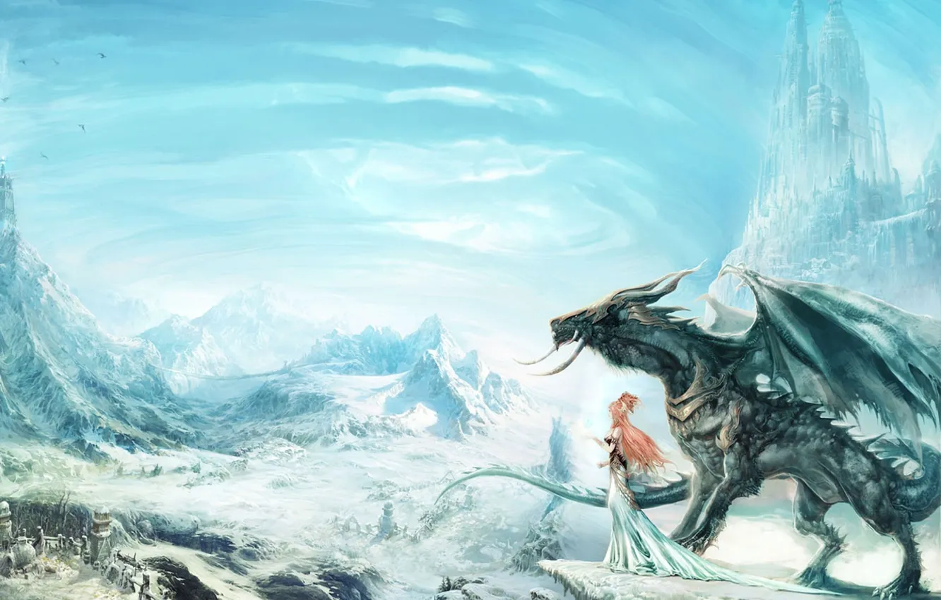 Фото обои девушка, снег, замок, скалы, дракон, деревня, арт, рыжая