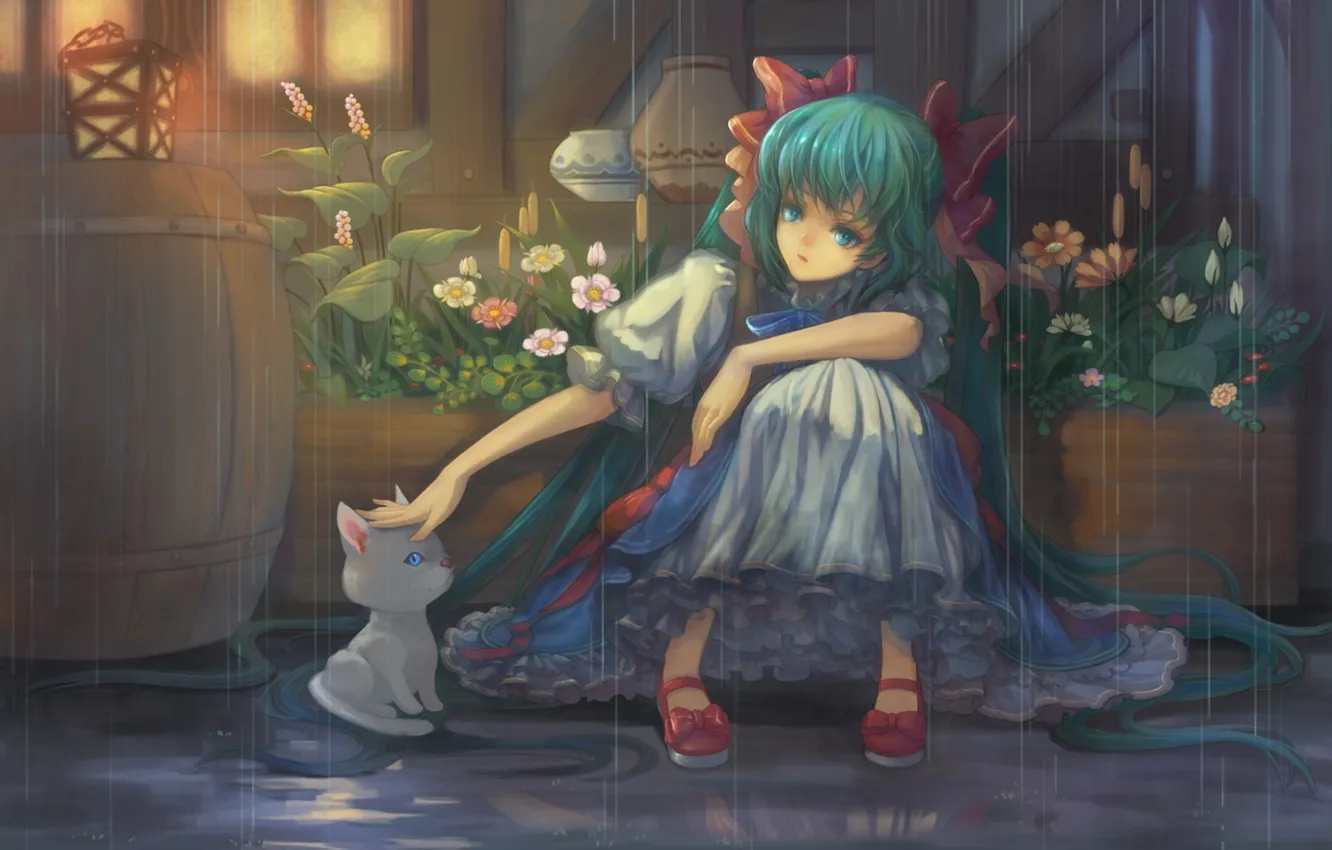 Фото обои девушка, цветы, котенок, дождь, vocaloid, hatsune miku, сидит, вокалоид