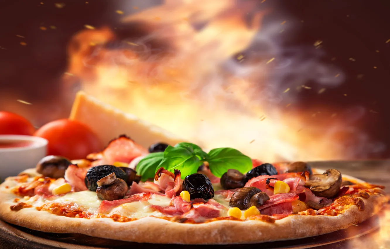 Фото обои грибы, сыр, пицца, выпечка, pizza, mushrooms, ветчина, ham