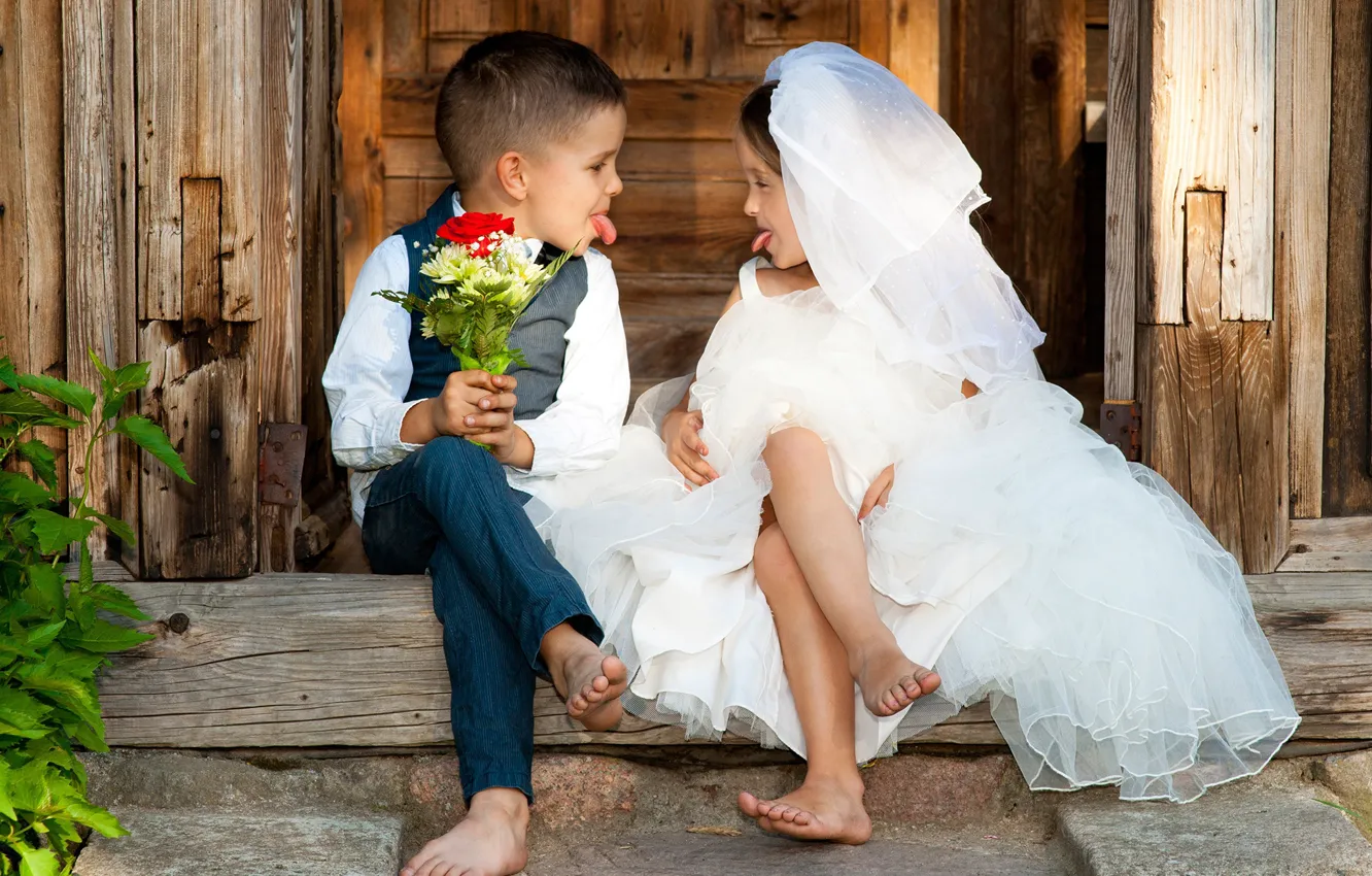 Фото обои дети, мальчик, платье, девочка, невеста, друзья