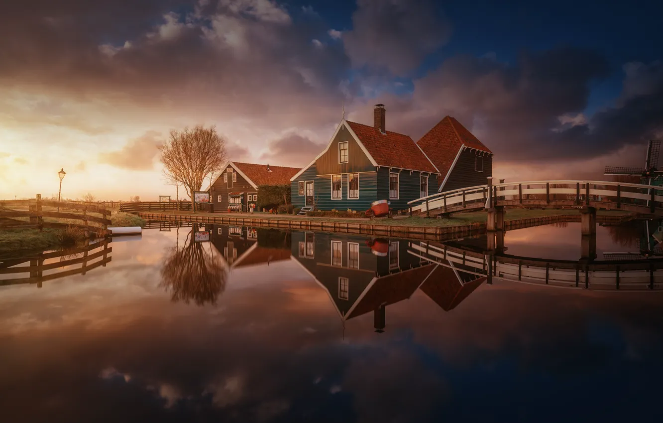 Фото обои небо, облака, свет, город, дом, дома, Нидерланды, мостик