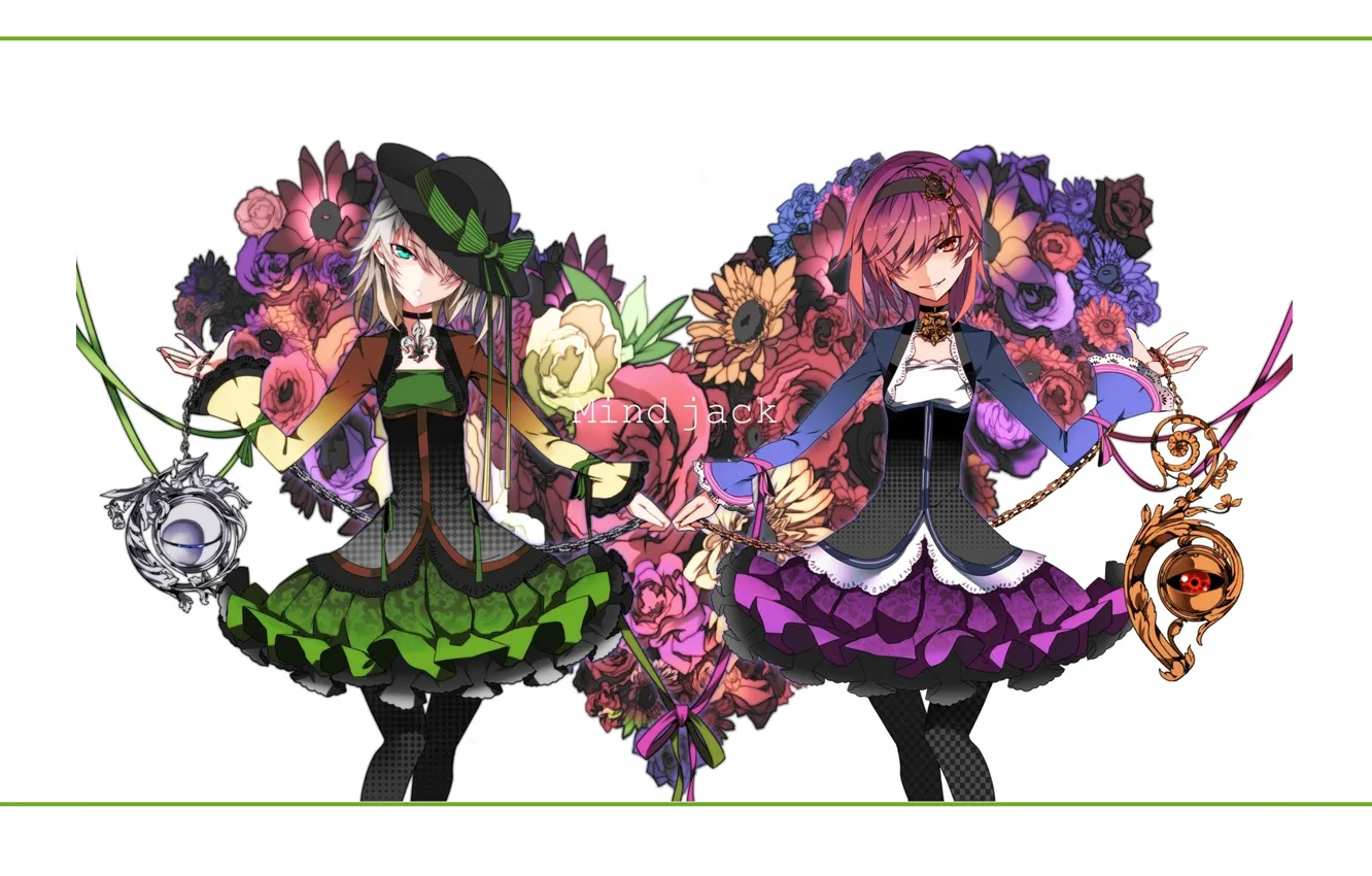 Фото обои ленты, шляпа, корсет, букет цветов, сёстры, чёлка, Touhou Project, Komeiji Satori