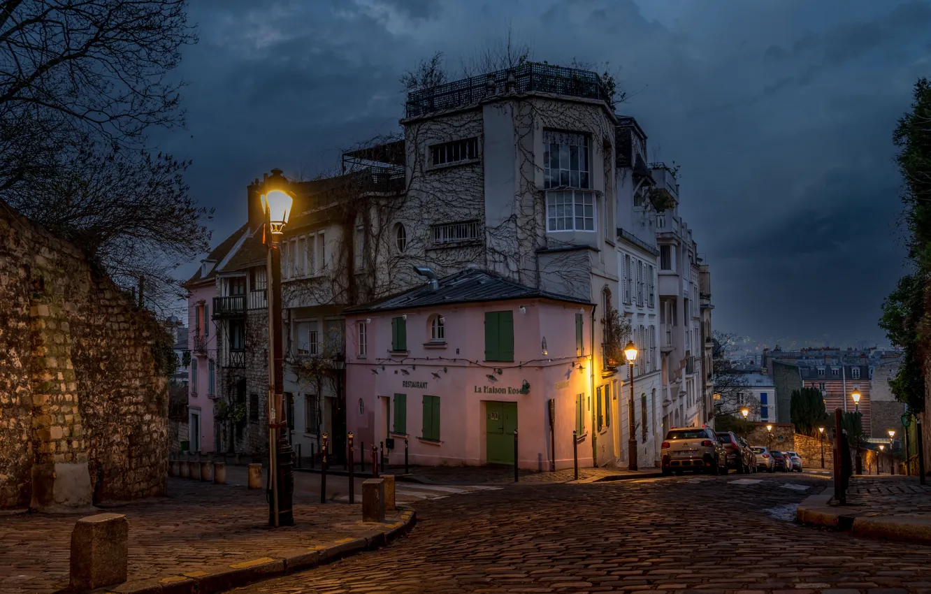 Фото обои улица, Франция, Париж, здания, дома, фонари, Paris, ночной город