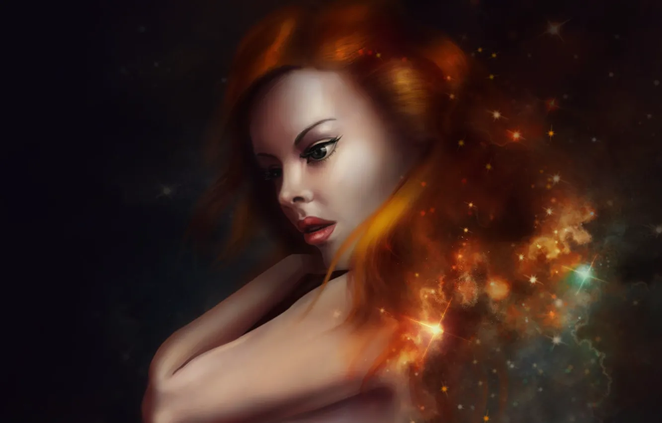 Фото обои взгляд, девушка, звезды, лицо, вселенная, волосы, арт, рыжая