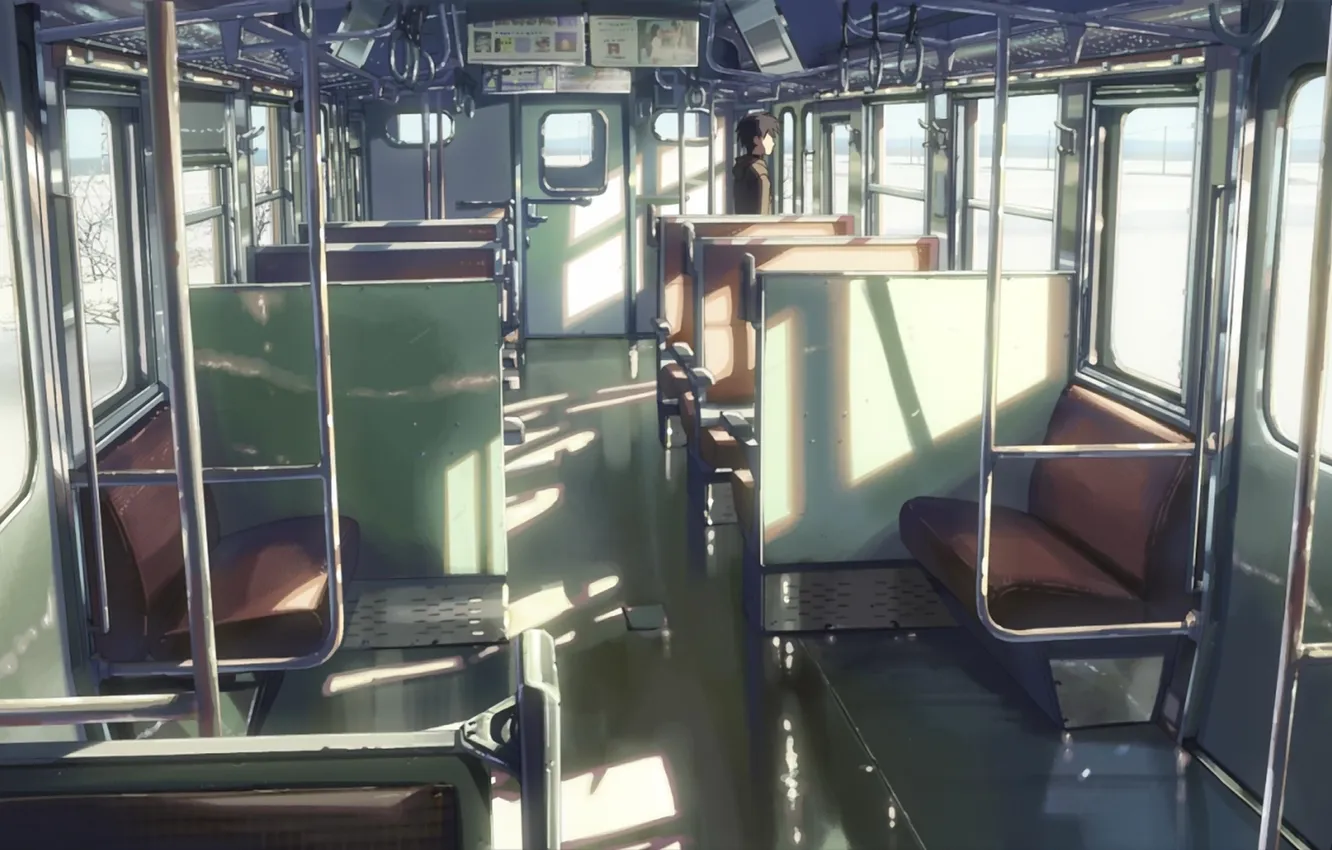 Фото обои поезд, аниме, арт, вагон, сиденья, парень, 5 centimeters per second, shinkai makoto