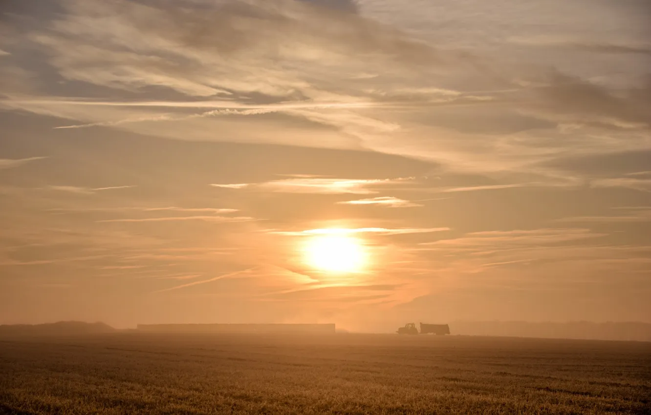 Фото обои поле, закат, трактор