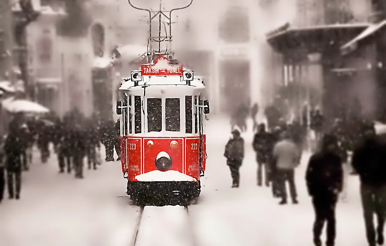 Фото обои снег, люди, рельсы, Зима, трамвай