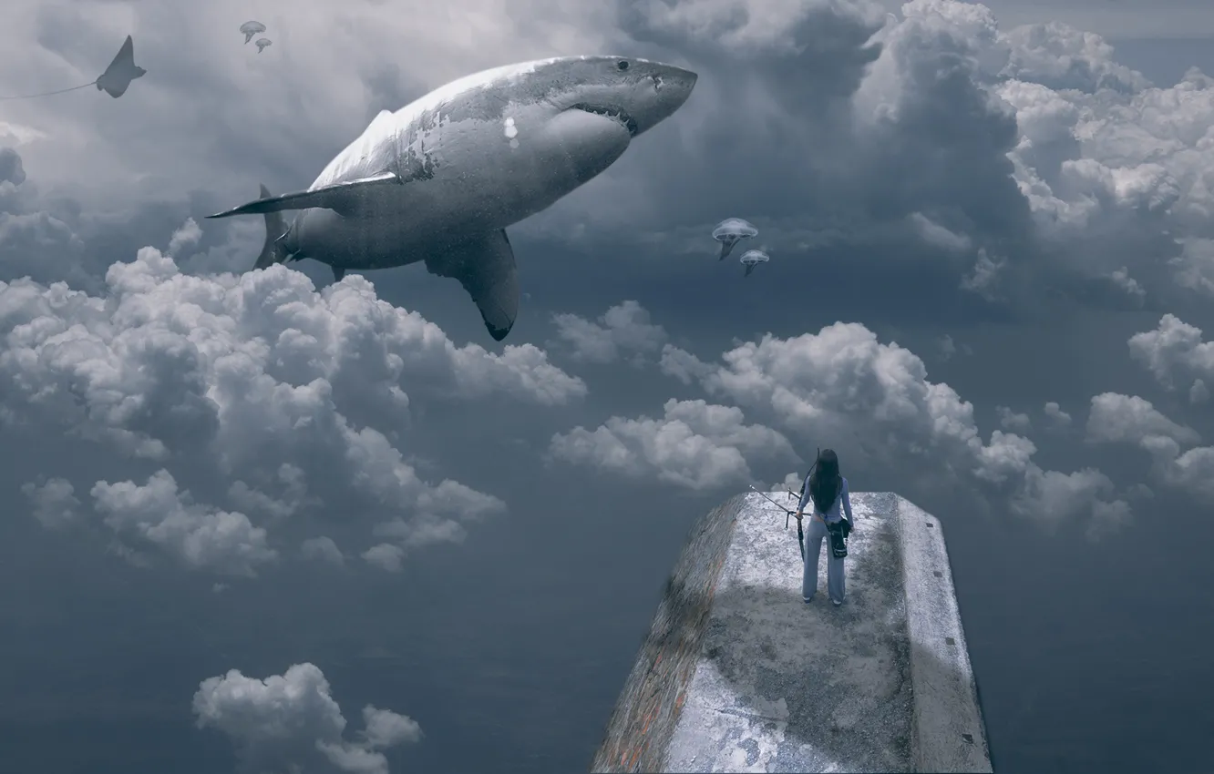 Фото обои девушка, облака, рыбы, акула, girl, clouds, shark, fish