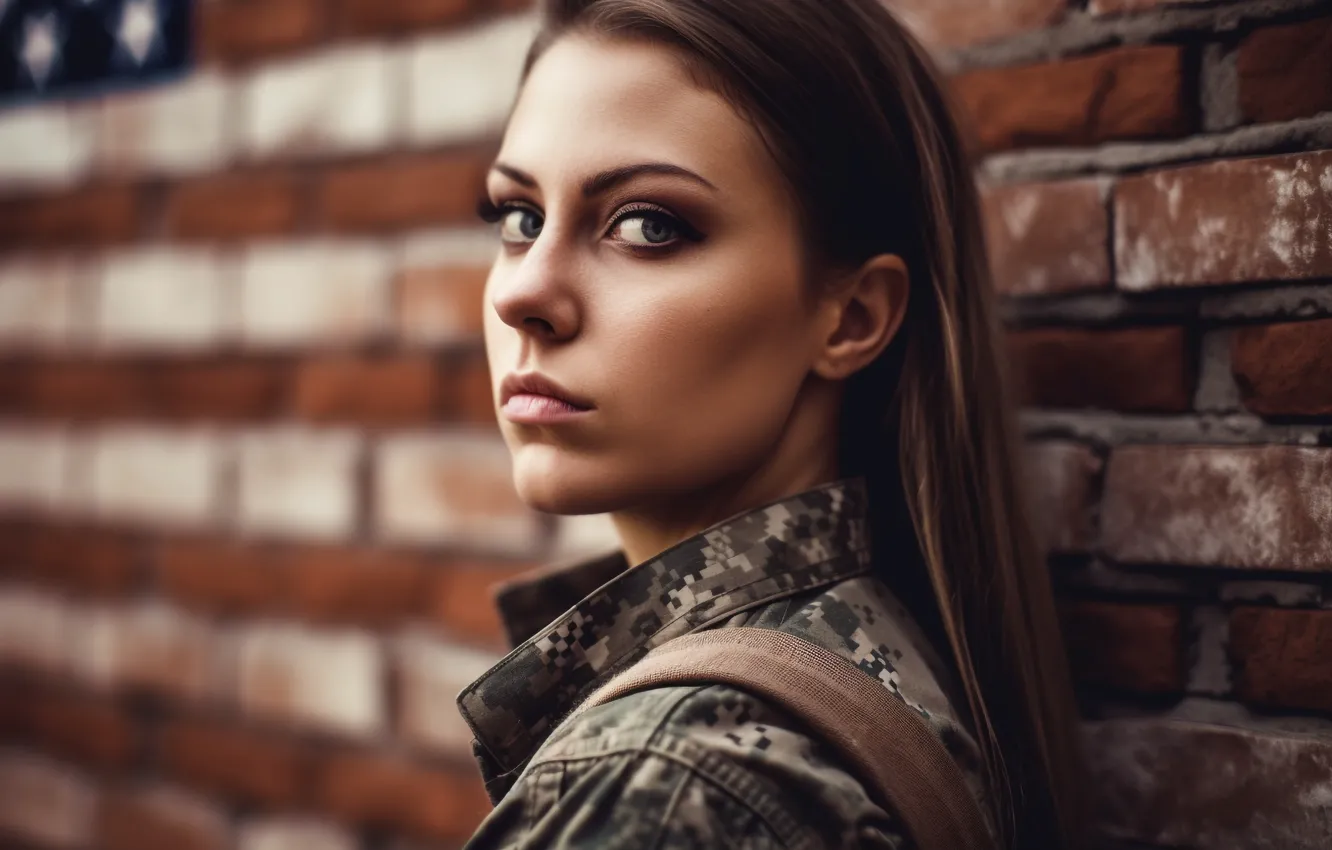 Фото обои взгляд, девушка, лицо, ресницы, стена, портрет, кирпич, макияж