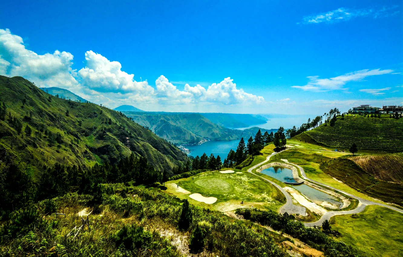 Фото обои горы, озера, Индонезия, панорама, Sumatra, Lake Toba