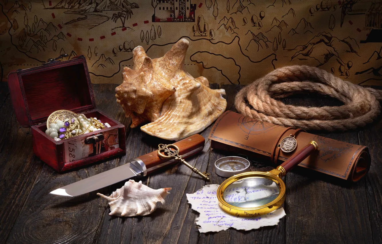 Фото обои карты, украшения, веревка, ключ, ракушка, нож, шкатулка, натюрморт