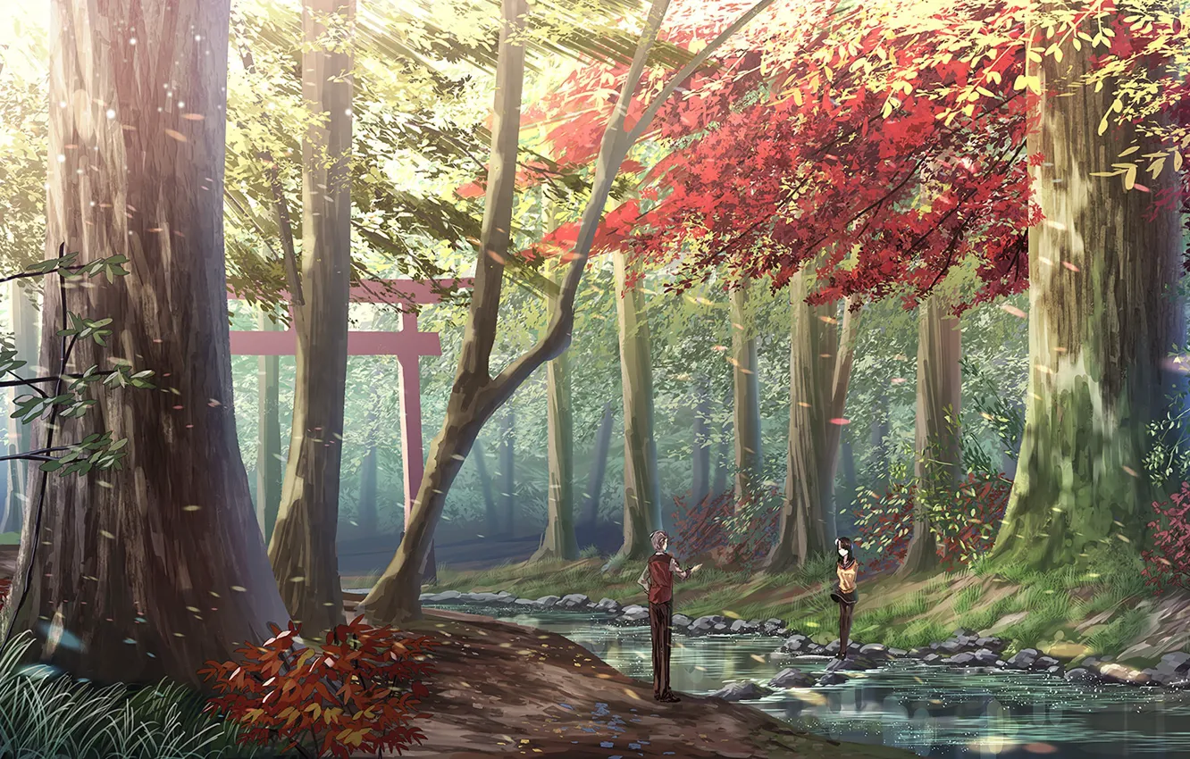 Фото обои камни, двое, солнечный день, осенний лес, тории, лесной ручей, парень с девушкой