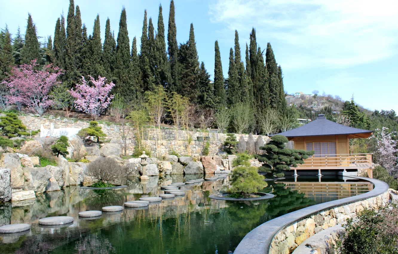 Фото обои вода, деревья, Парк, домик, японский стиль