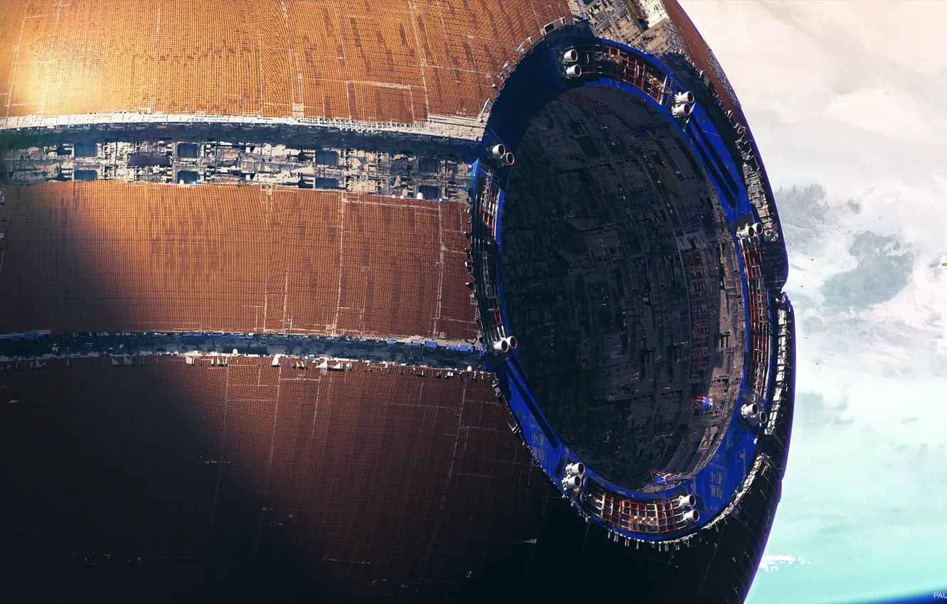 Фото обои Станция, Планета, Космос, Фантастика, Орбита, Гигант, Paul Chadeisson, Космическая станция