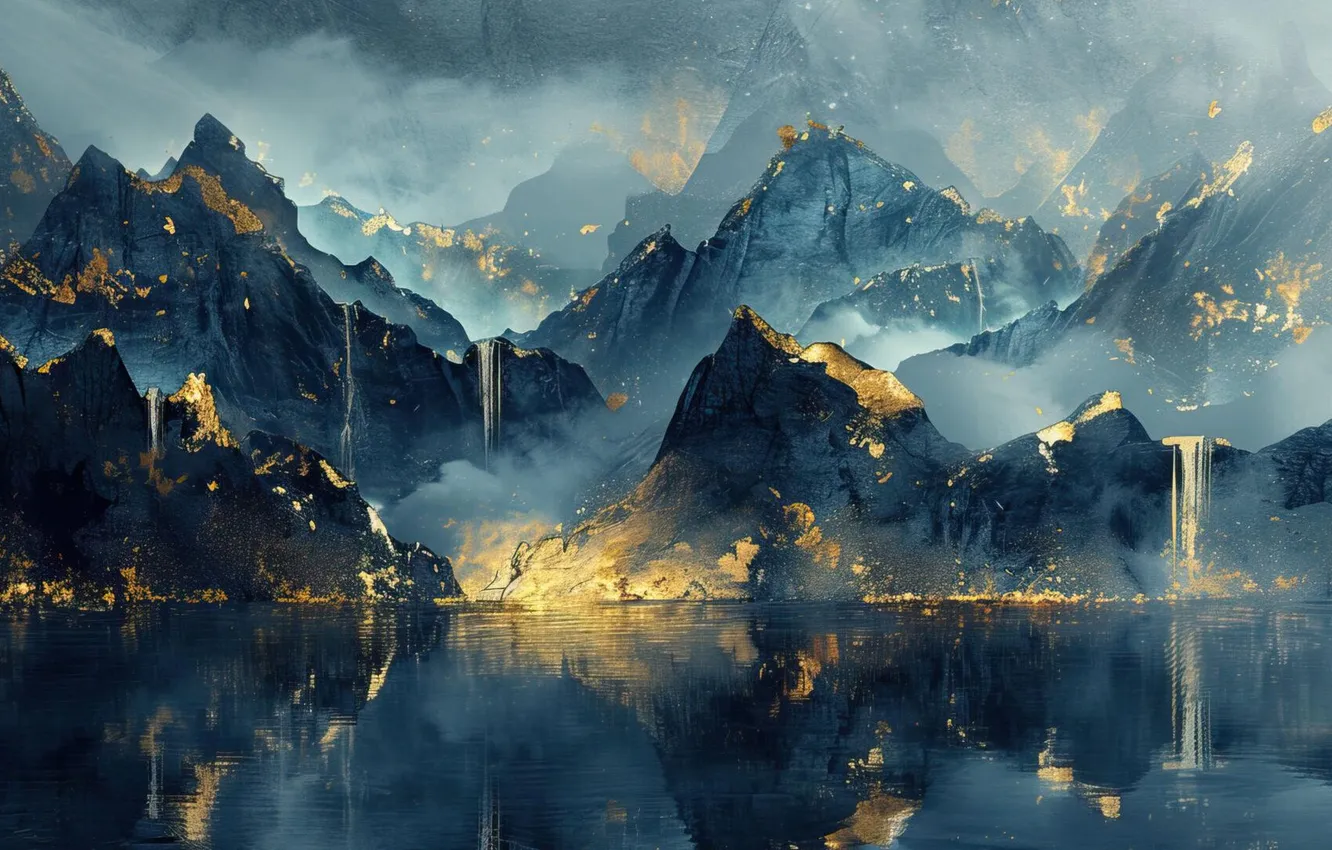 Фото обои river, water, mountains, reflection, artwork