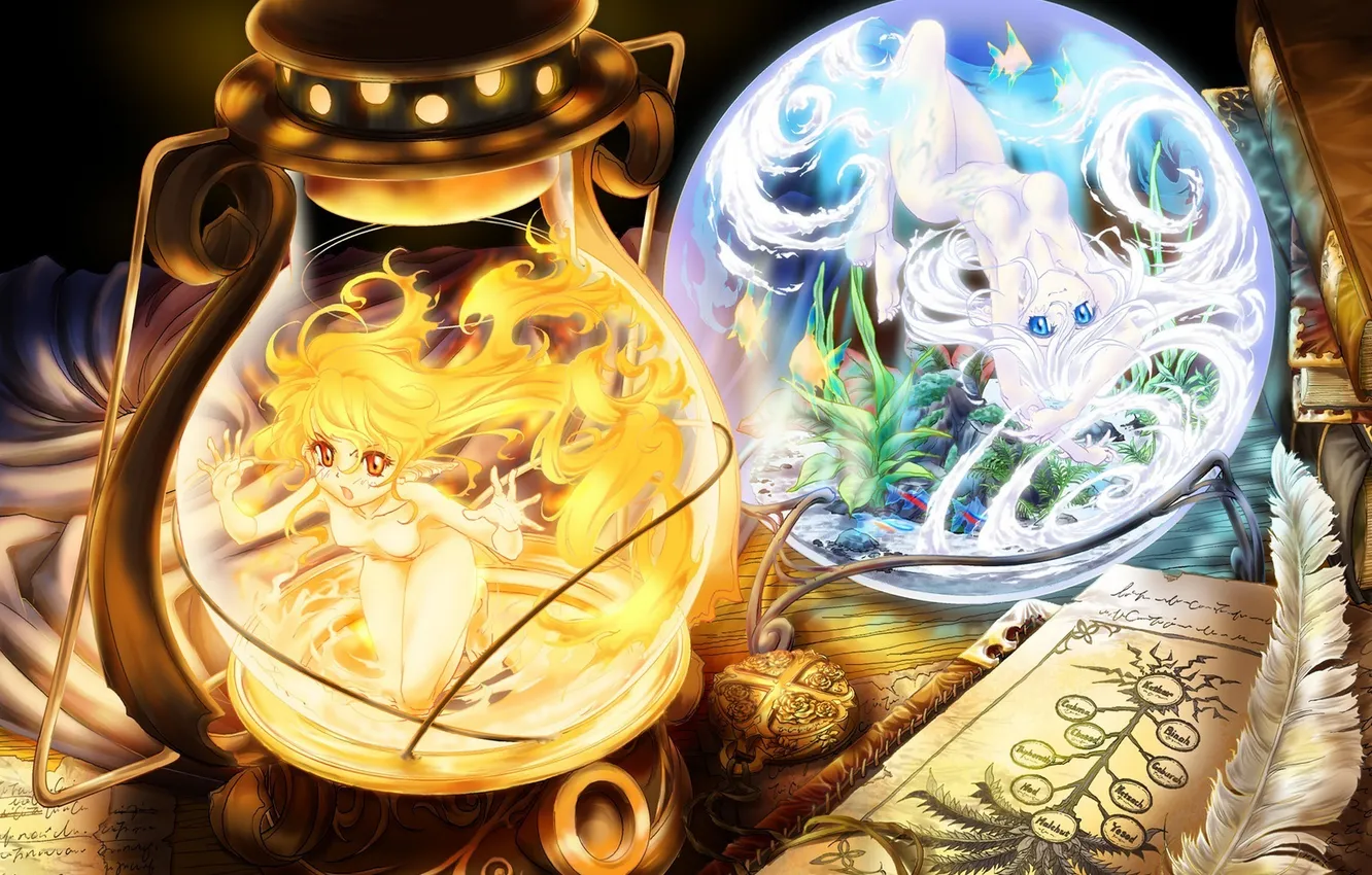 Фото обои грудь, рыбки, девушки, перо, магия, аниме, арт, медальон