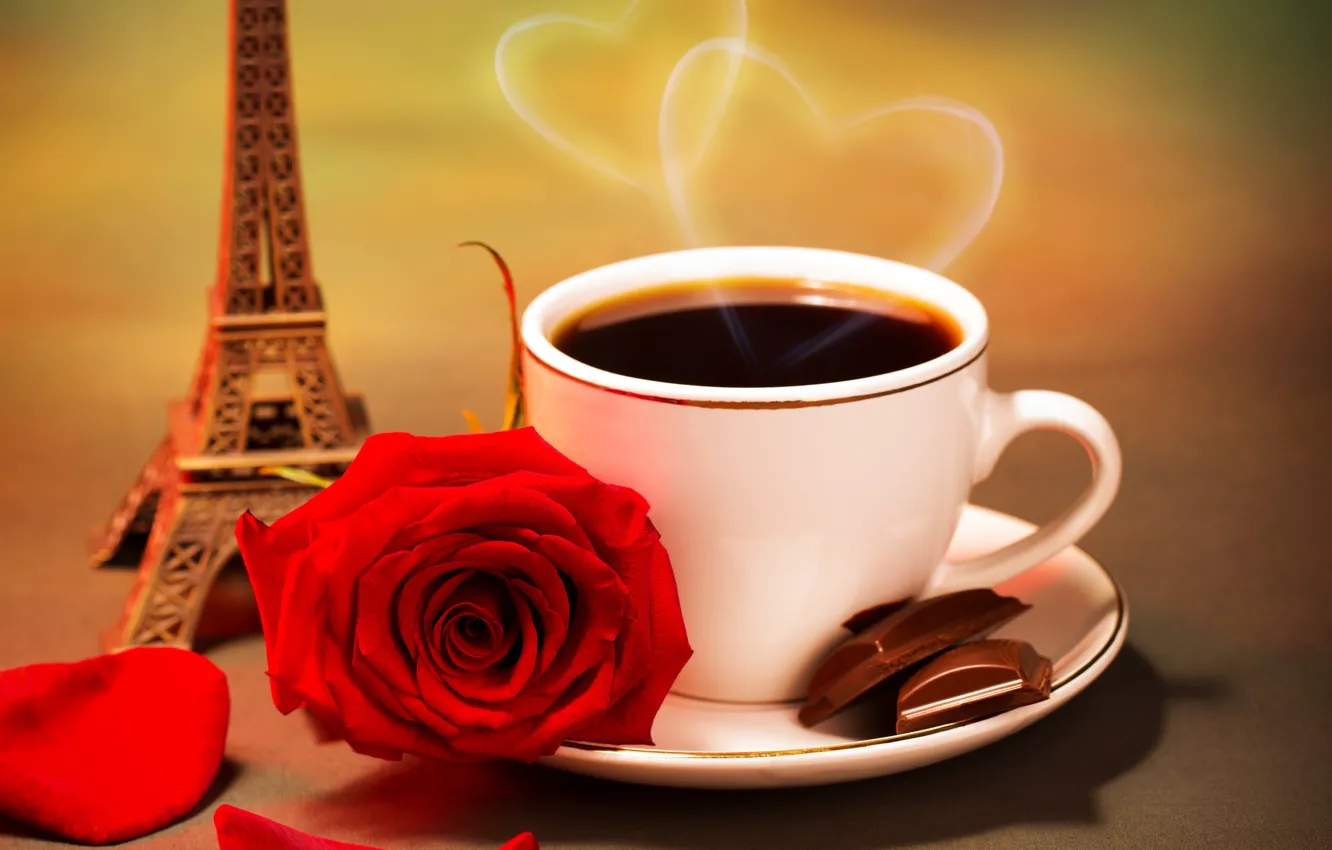Фото обои цветок, сердце, роза, кофе, шоколад, лепестки, пар, чашка