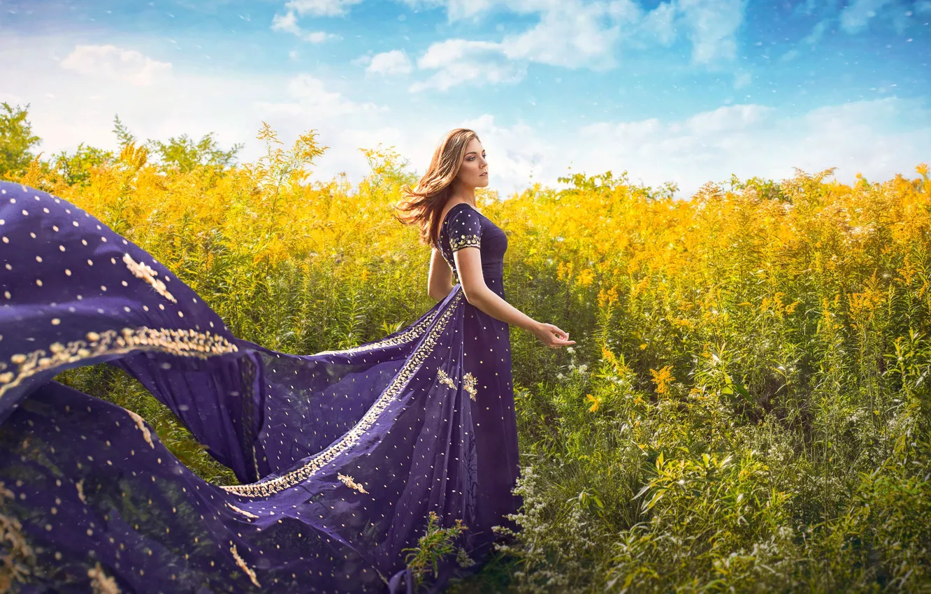 Фото обои поле, лето, девушка, ветер, платье