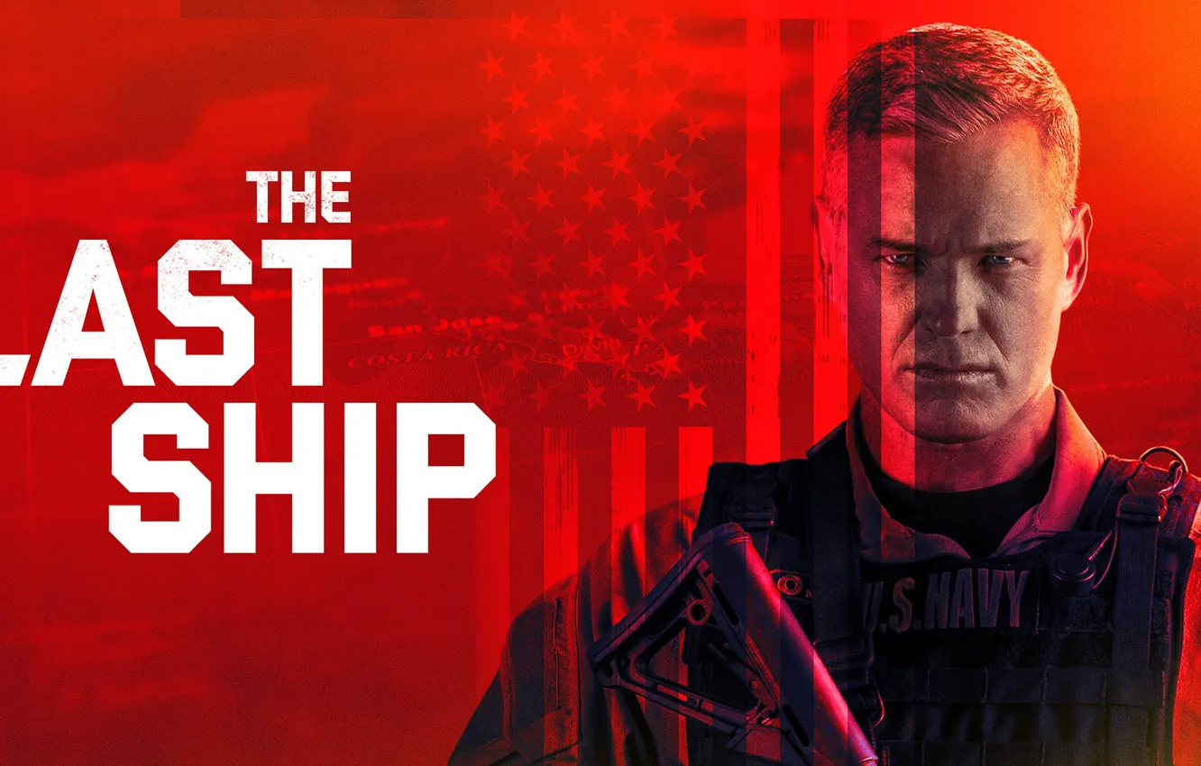 Фото обои взгляд, актер, сериал, красный фон, Фильмы, The Last Ship, Последний корабль