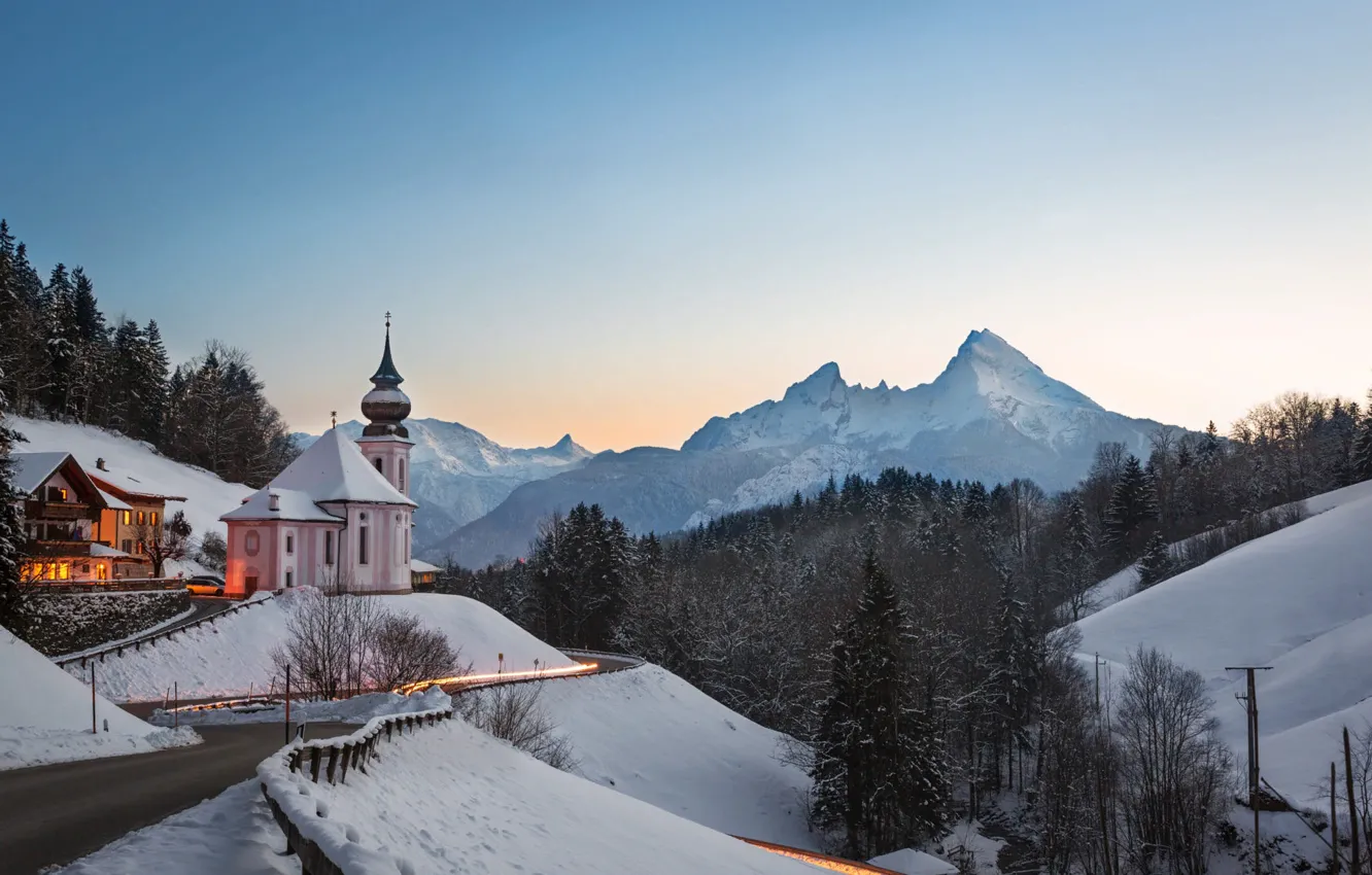 Фото обои зима, дорога, снег, горы, Германия, Бавария, церковь, леса