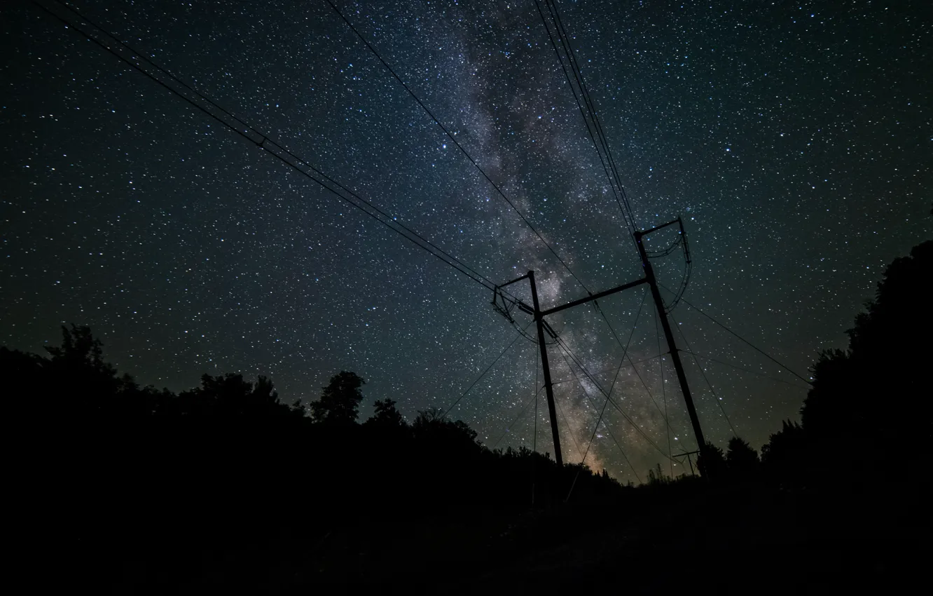 Фото обои звезды, ночь, провода, млечный путь