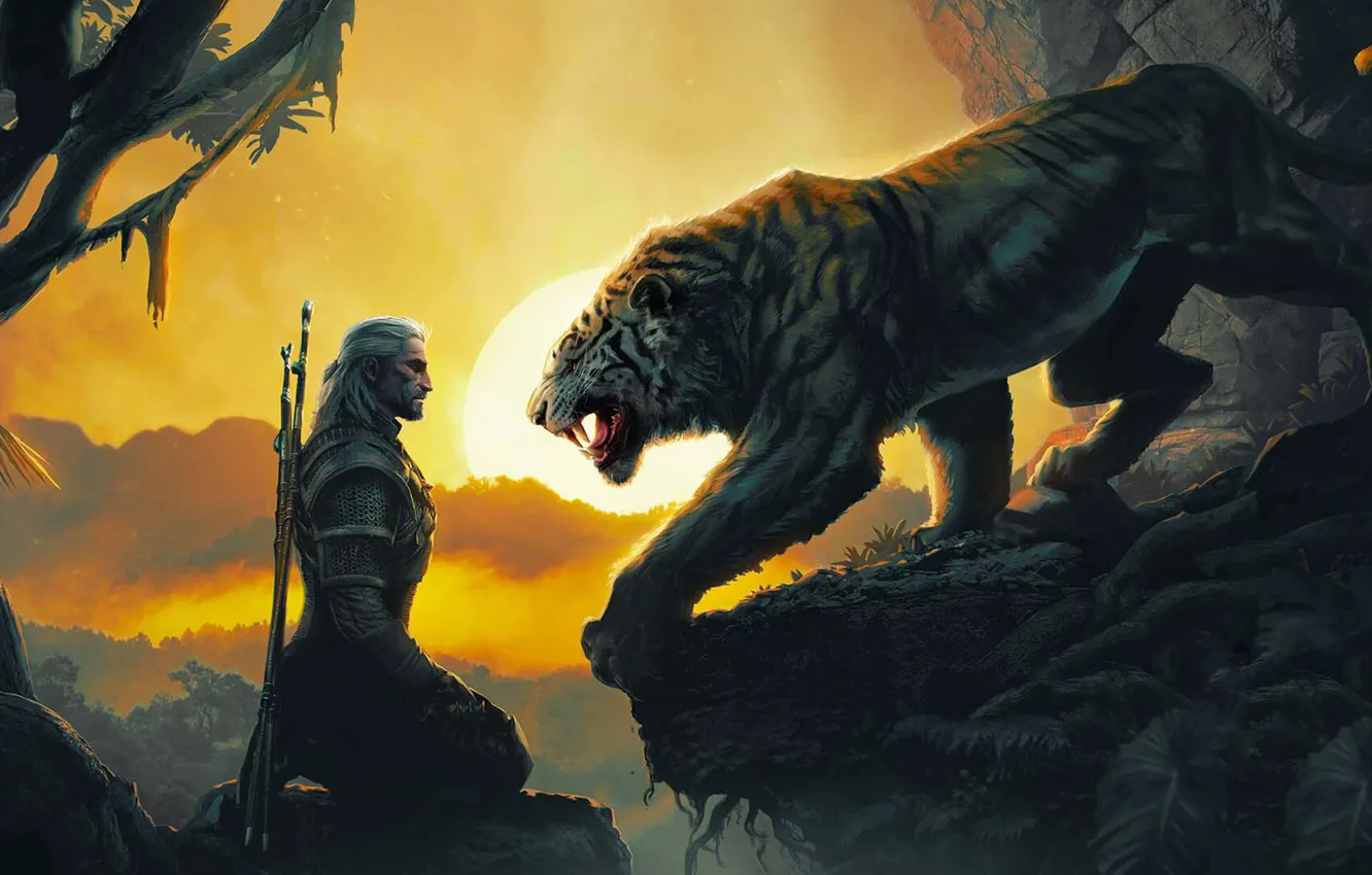 Фото обои Тигр, Мечи, Ведьмак, The Witcher, Tiger, Геральт из Ривии, Мясник из Блавикена, Gwynbleidd
