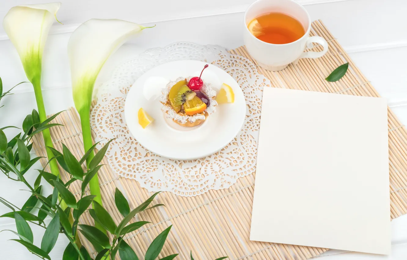 Фото обои цветы, чай, завтрак, коала, ветка зелени