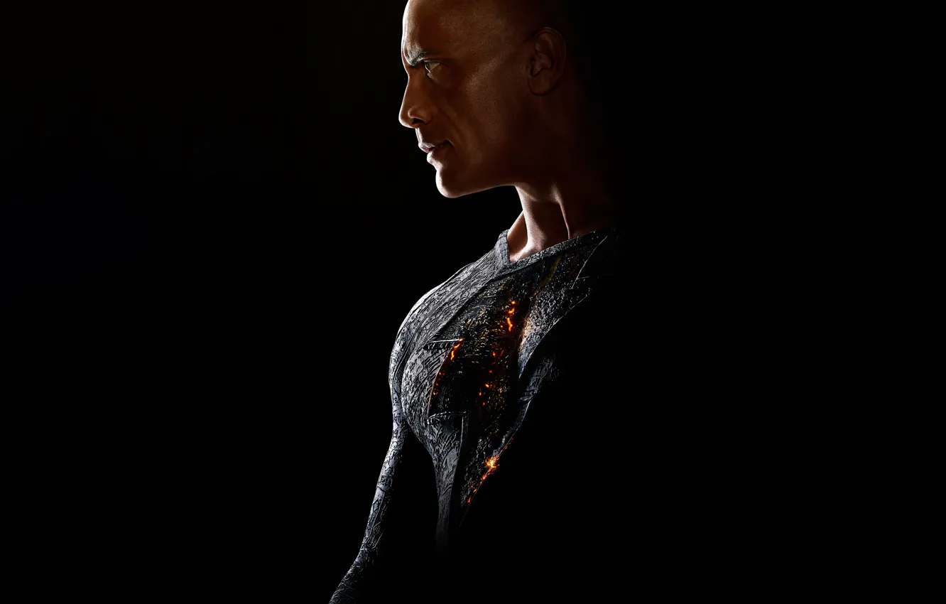 Фото обои Скала, Черный фон, Мужчина, Дуэйн Джонсон, Dwayne Johnson, Сбоку, Black Adam, 2022
