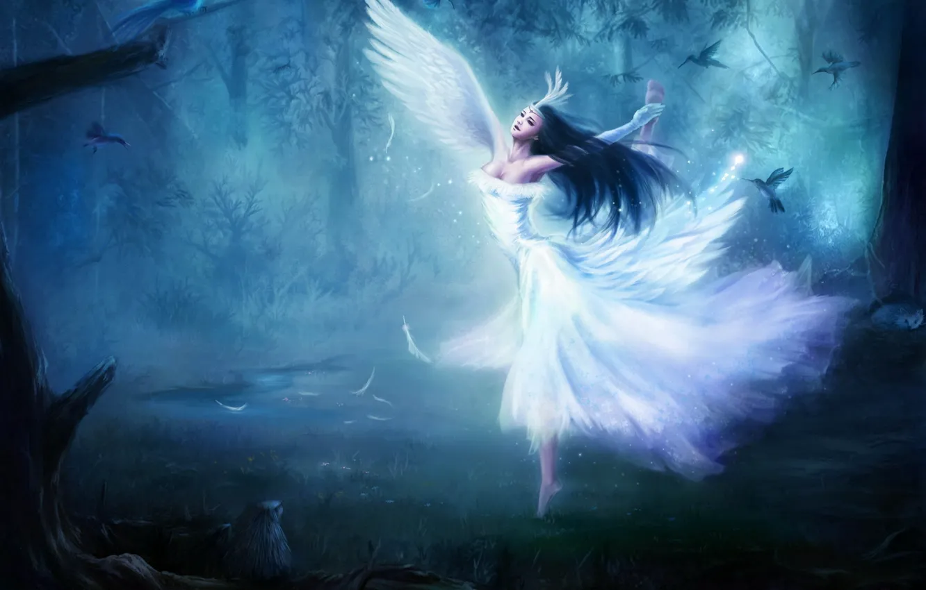 Фото обои лес, девушка, птицы, крылья, танец, ангел
