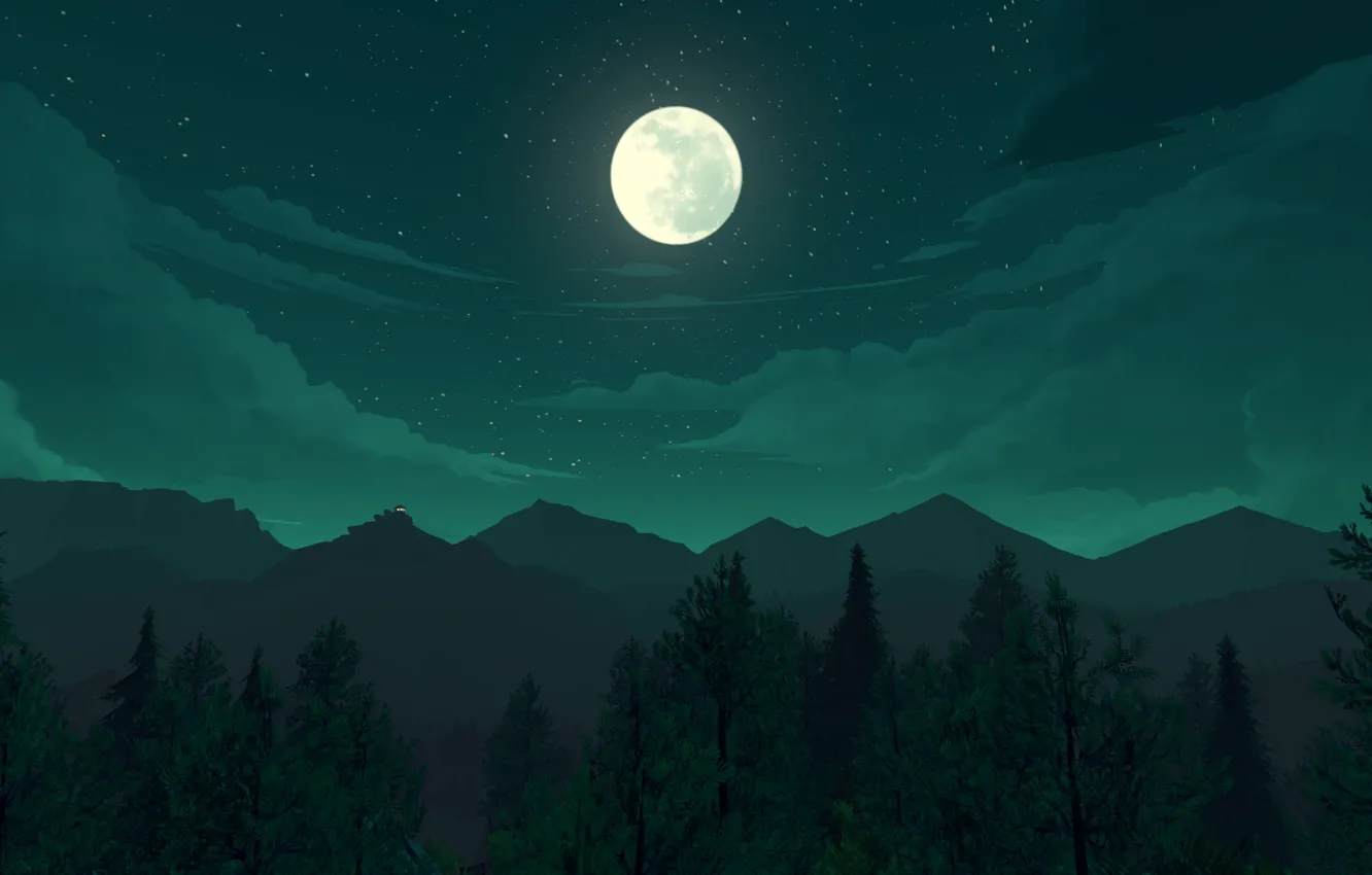 Фото обои звезды, пейзаж, горы, ночь, луна, Firewatch