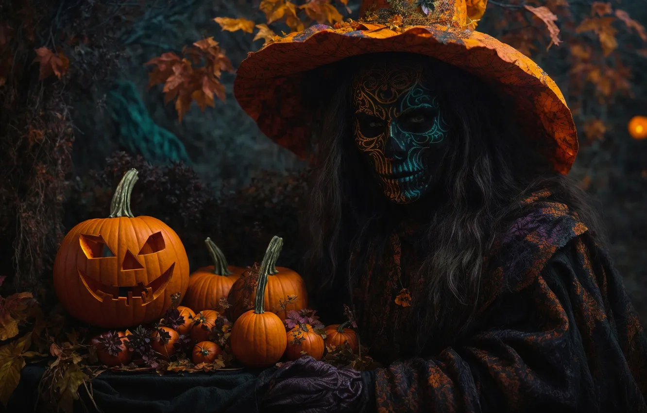 Фото обои Halloween, Хэллоуин, ВЗГЛЯД, ШЛЯПА, ОСЕНЬ, ТЫКВА, ВЕДЬМА