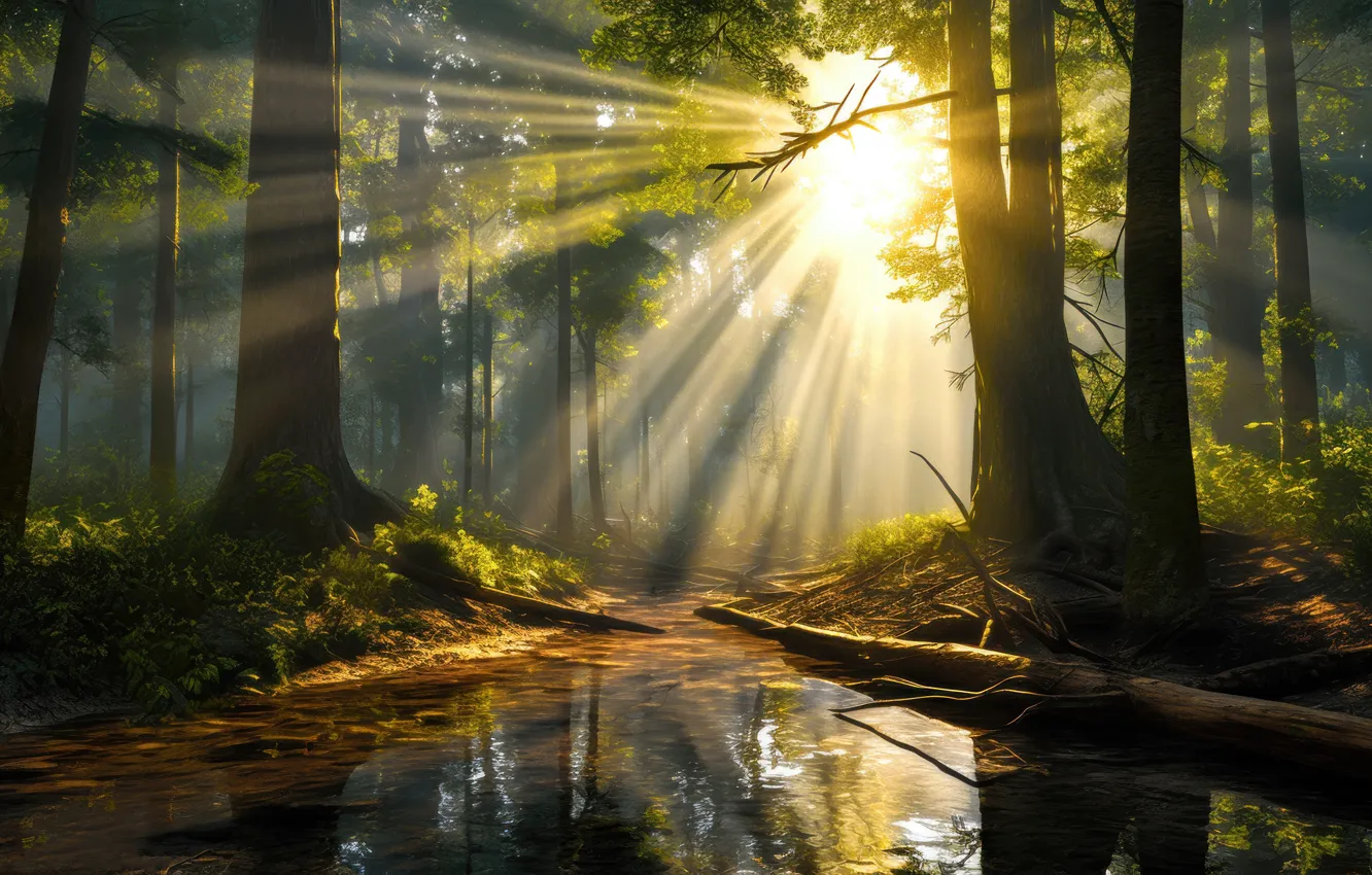 Фото обои лес, солнце, лучи, свет, деревья, пейзаж, ветки, туман