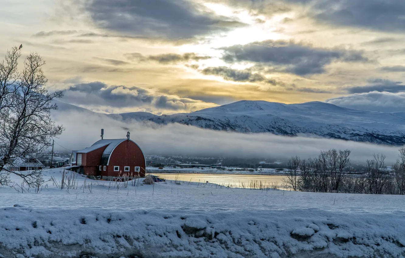 Фото обои море, облака, горы, Норвегия, зима. снег
