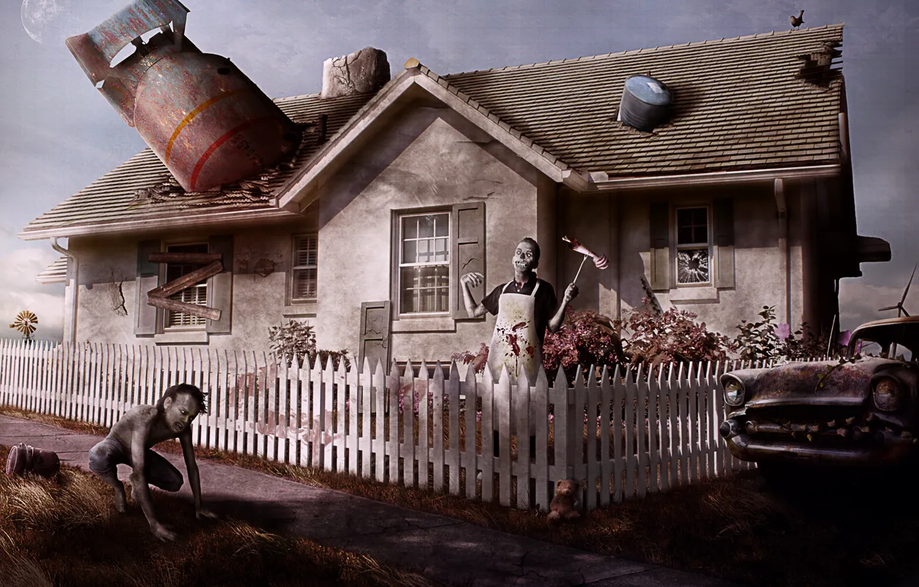 Фото обои машина, дом, забор, зомби, бочка, постапокалипсис, Say welcom to your new neighbors, ядерная ракета