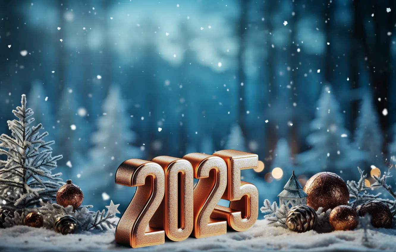 Фото обои снег, украшения, цифры, Новый год, golden, new year, winter, snow