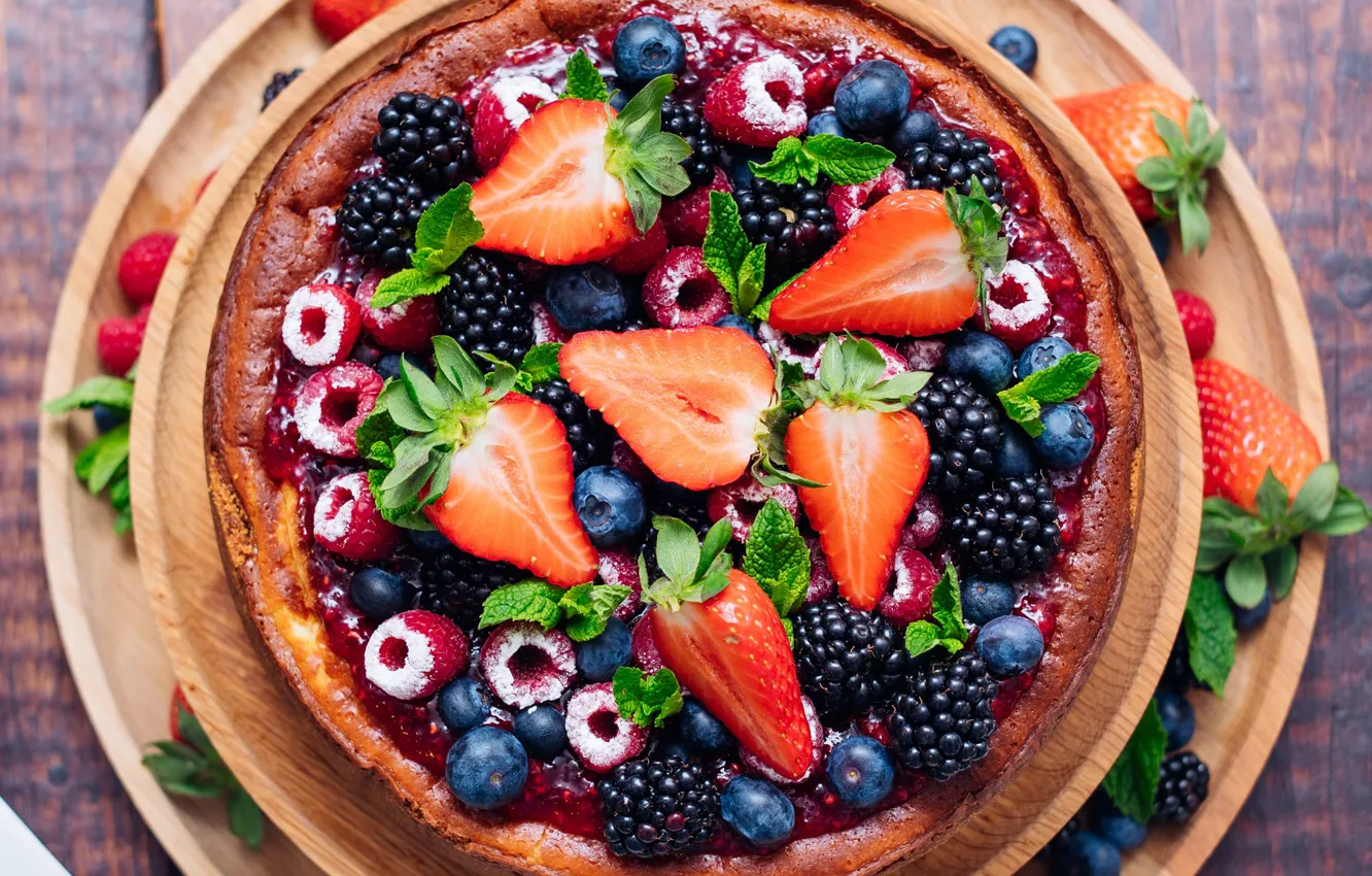 Фото обои ягоды, малина, клубника, торт, ежевика, голубика, чизкейк