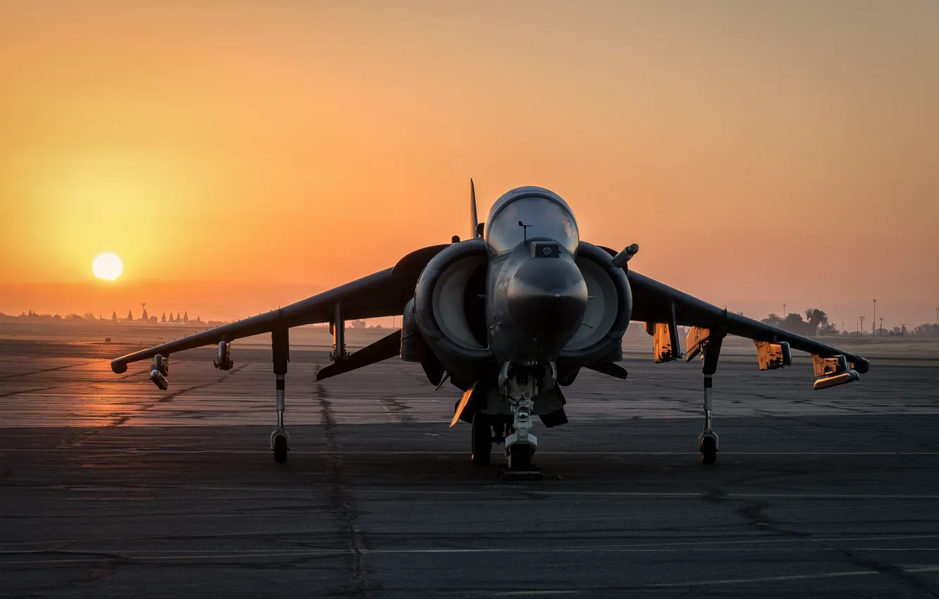 Фото обои закат, штурмовик, Harrier II, AV-8B, «Харриер» II