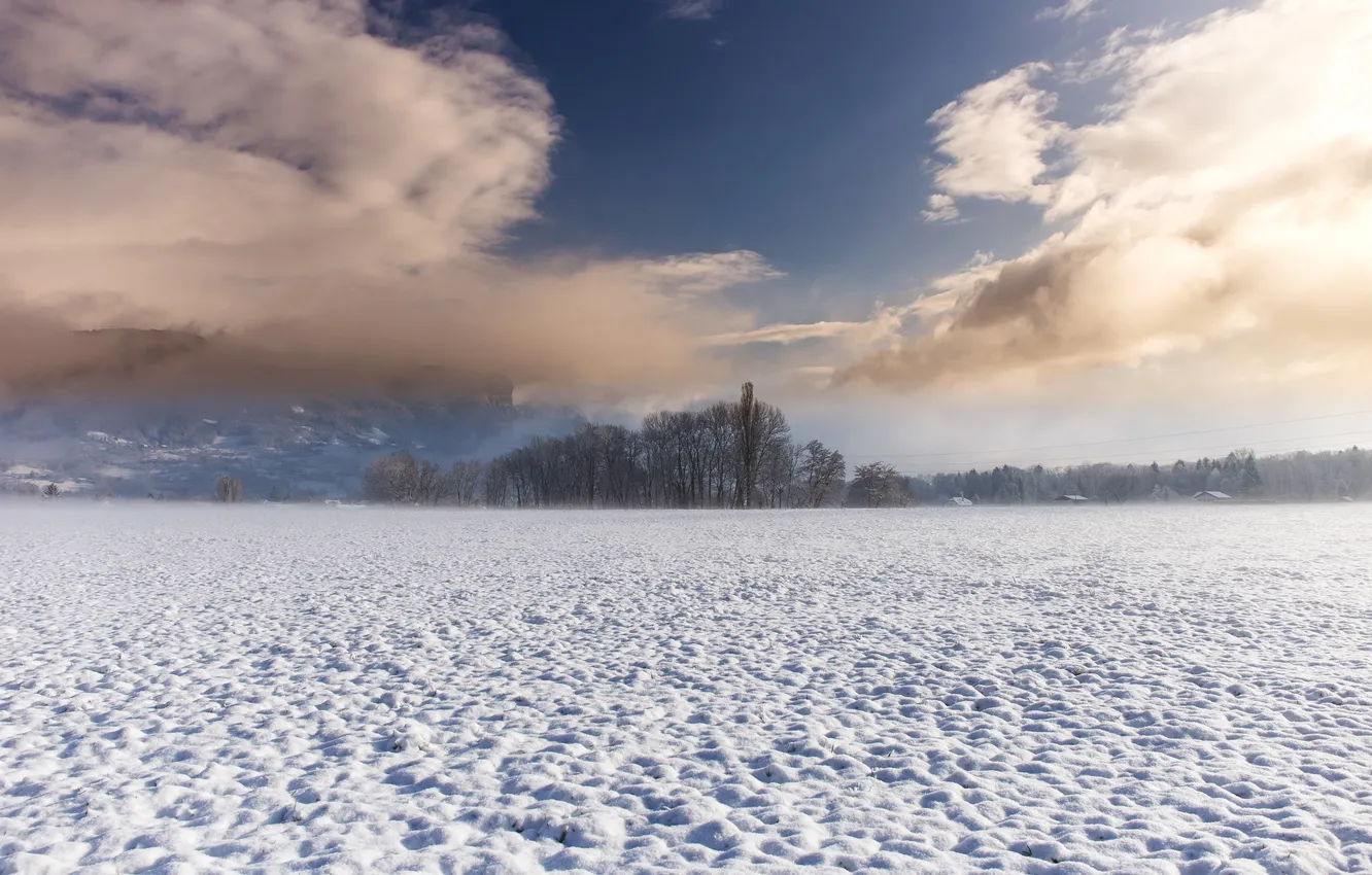 Фото обои зима, поле, небо, снег