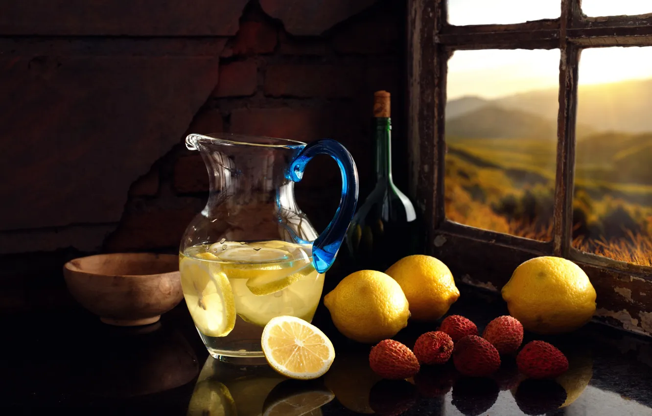 Фото обои свежесть, окно, напиток, натюрморт, лимоны, лимонад