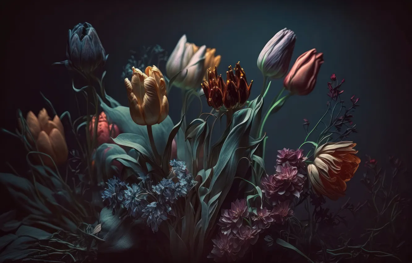 Фото обои листья, цветы, dark, тюльпаны, натюрморт, flowers, background, leaves