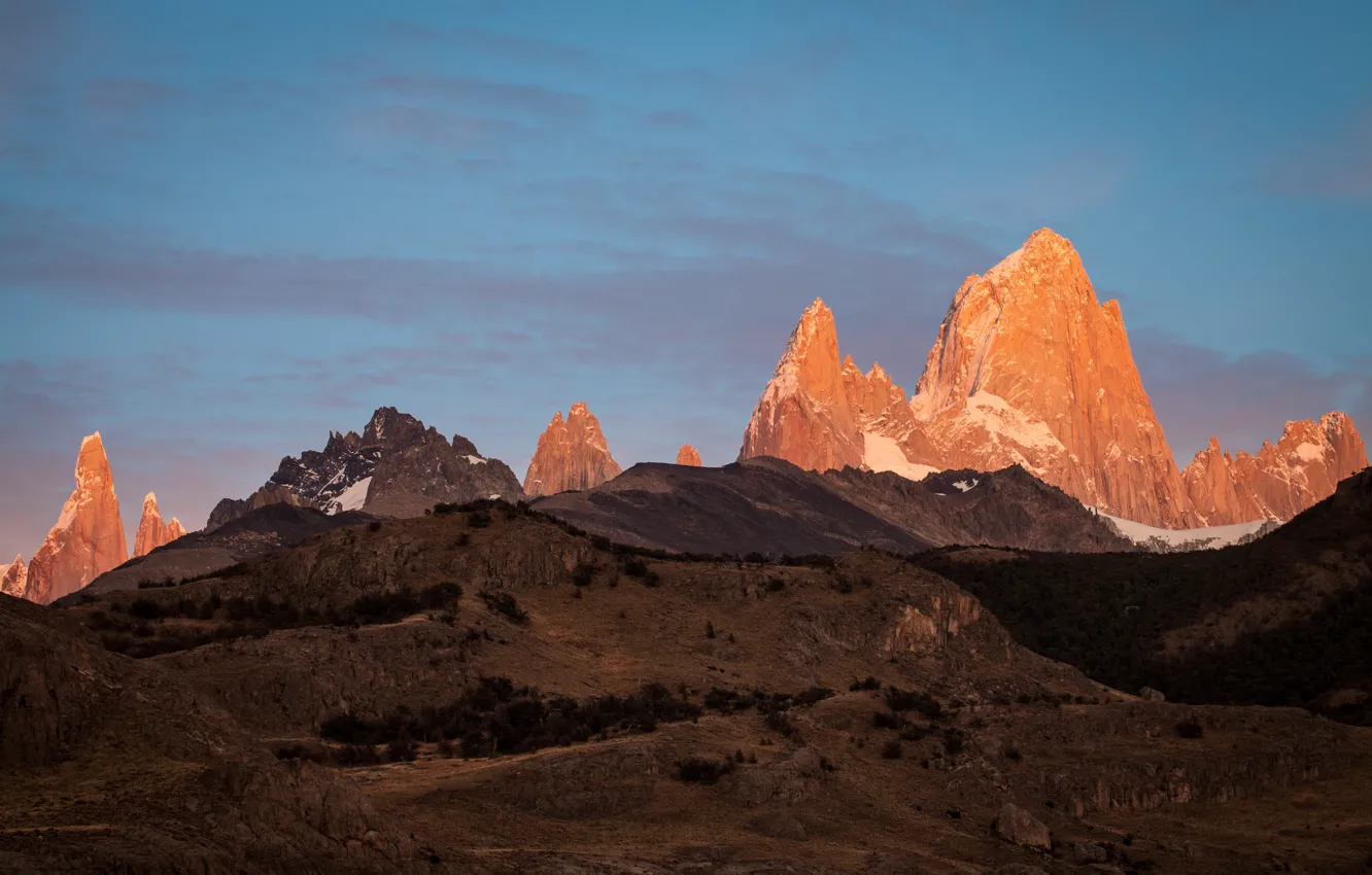 Фото обои небо, снег, деревья, горы, природа, скалы, рассвет, Argentina