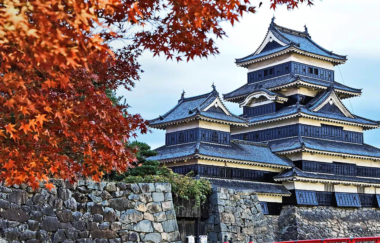 Фото обои осень, листья, Япония, пагода