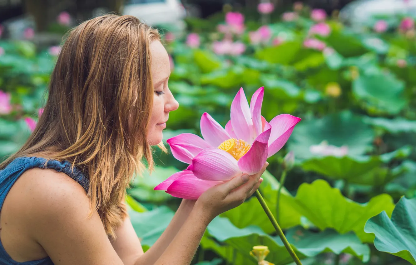Фото обои Цветок, Волосы, Красота, Женщина, Flower, Woman, Сбоку, Медитация