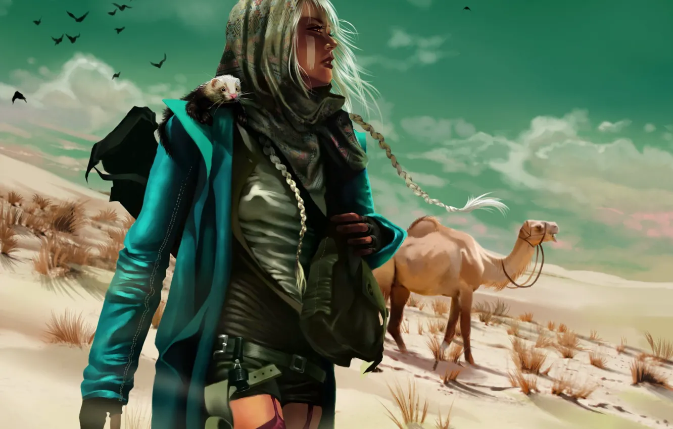 Фото обои девушка, птицы, оружие, Пустыня, верблюд, зверек, вгляд, косы