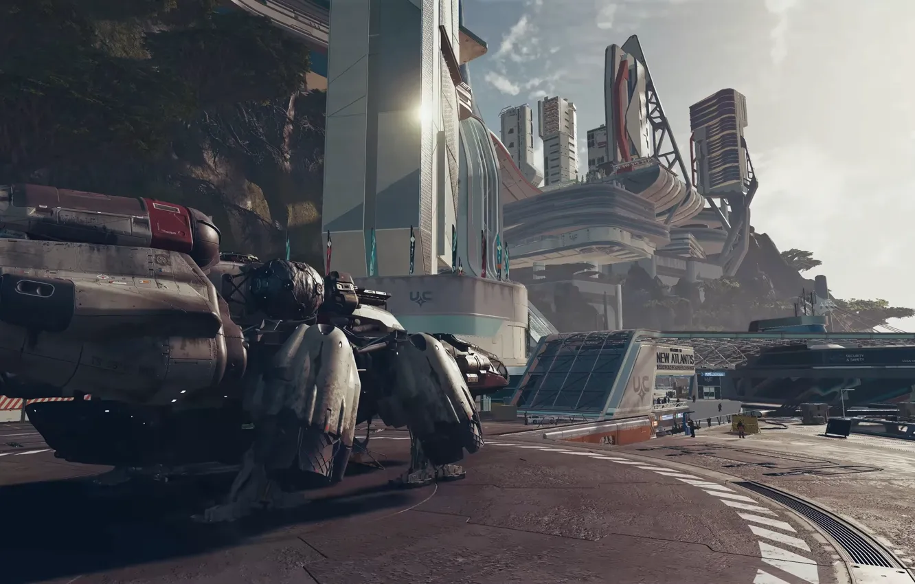 Фото обои небо, город, корабль, здания, планета, Starfield