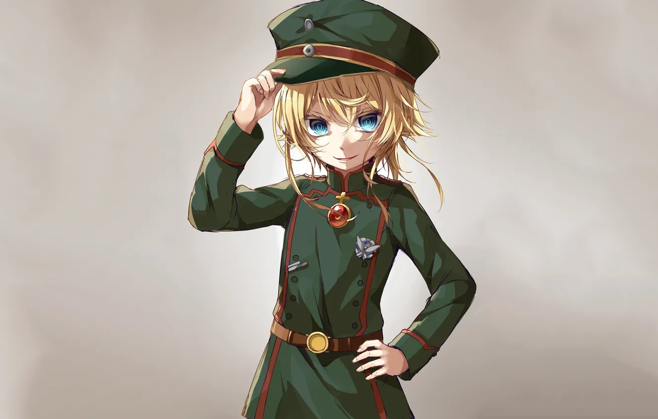 Фото обои girl, soldier, military, war, anime, chibi, blue eyes, cap