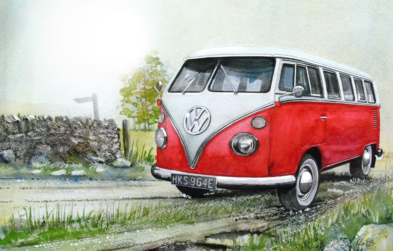 Фото обои машина, авто, рисунок, Volkswagen, живопись, микроавтобус, Transporter, Фольксваген