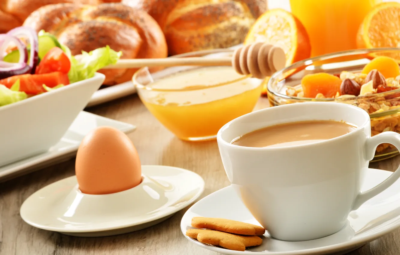 Фото обои яйцо, кофе, еда, завтрак, печенье, мед, чашка, фрукты